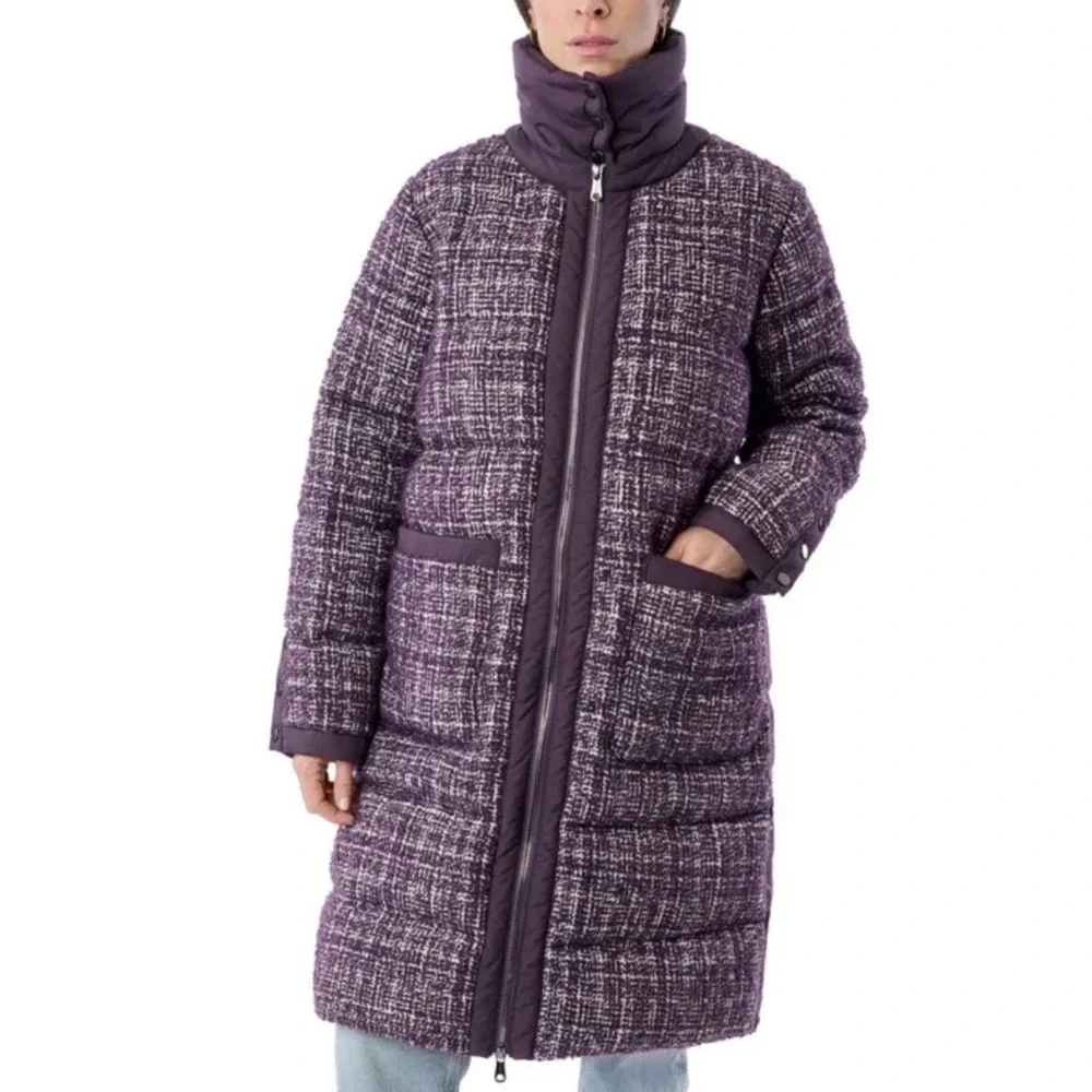 NWT Bernardo Womens EcoPlume Mixed Media Tweed Puffer Coat Purple Long Parka •L•